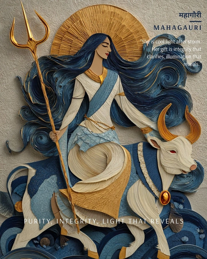 Navratri creative ad: Goddess Mahagauri riding a white bull, in layered paper-quill art