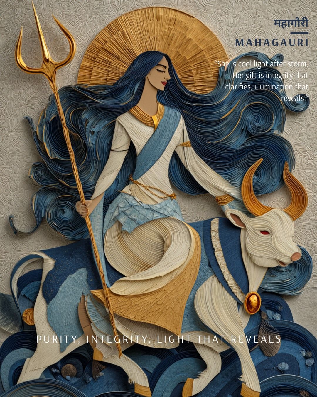 Goddess Mahagauri riding a white bull, in layered paper-quill art
