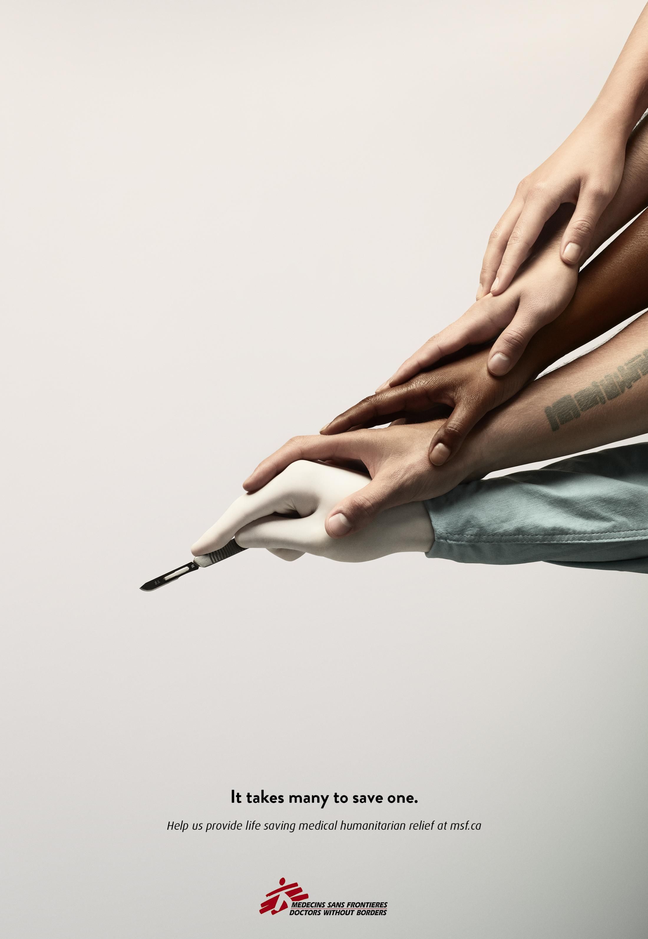 Poster: Many diverse hands stacked on a gloved surgeon's hand holding a scalpel