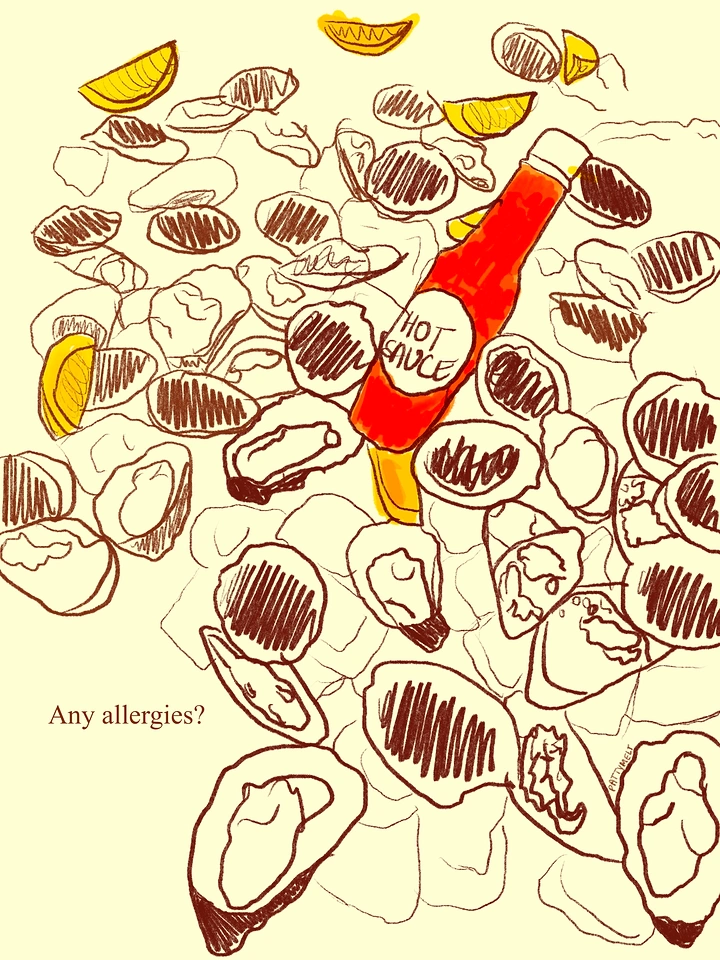 Seafood Restaurants creative ad: Oyster pattern and allergy prompt make memorable menu graphic