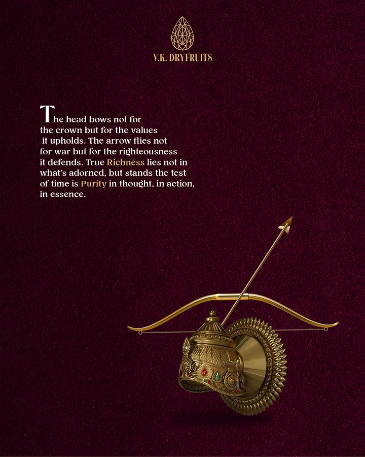 Ram Navami creative ad: Crown-and-bow still life, copy on true richness