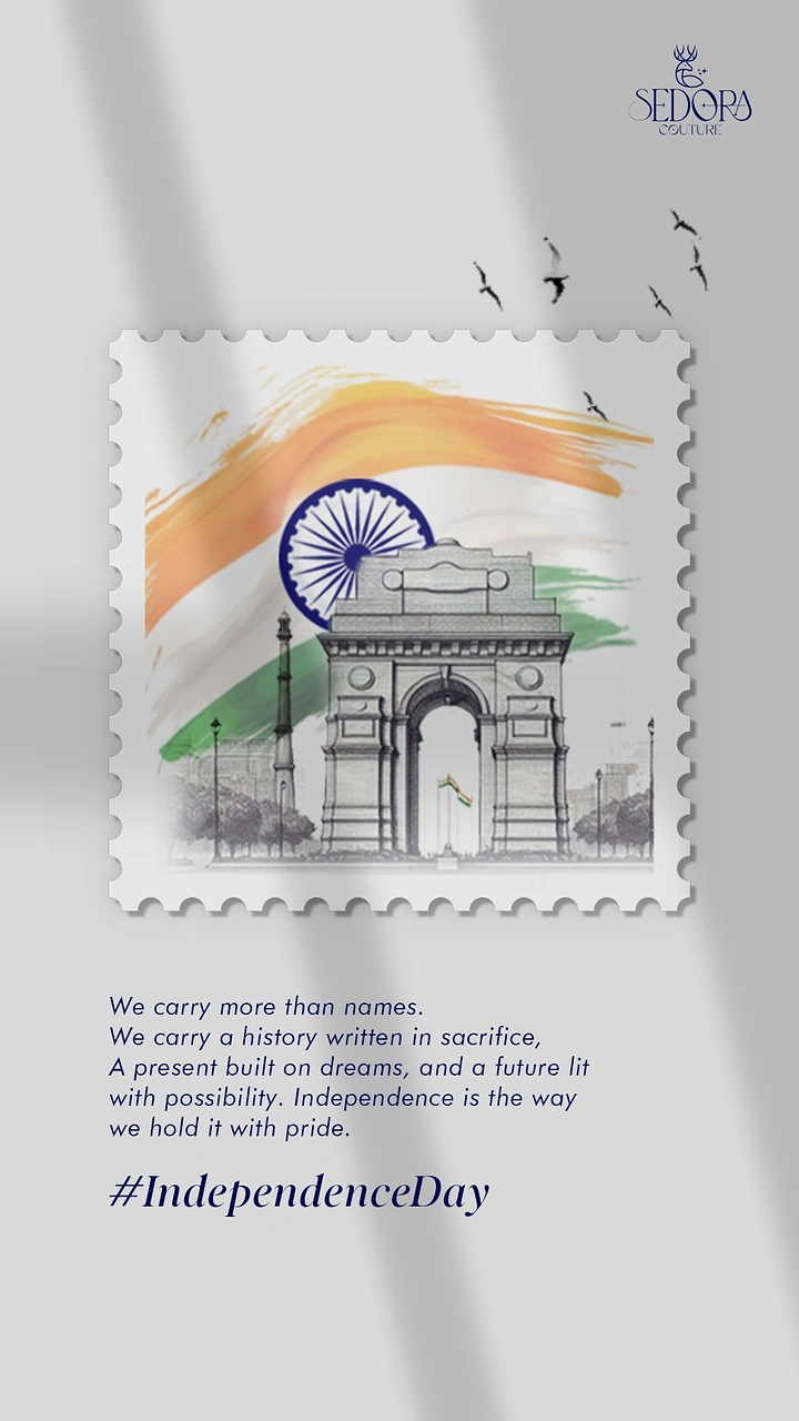 Independence Day creative ad: India Gate on a postage stamp with tricolour brushwork