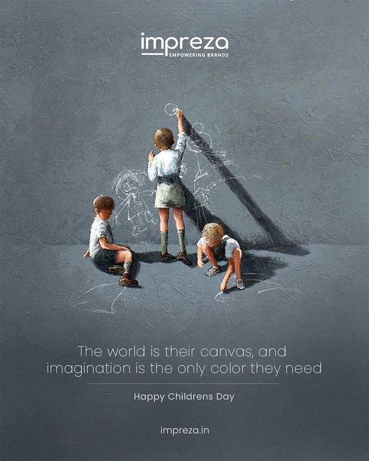 Children's Day creative ad: Painted children drawing with chalk on a grey wall and floor