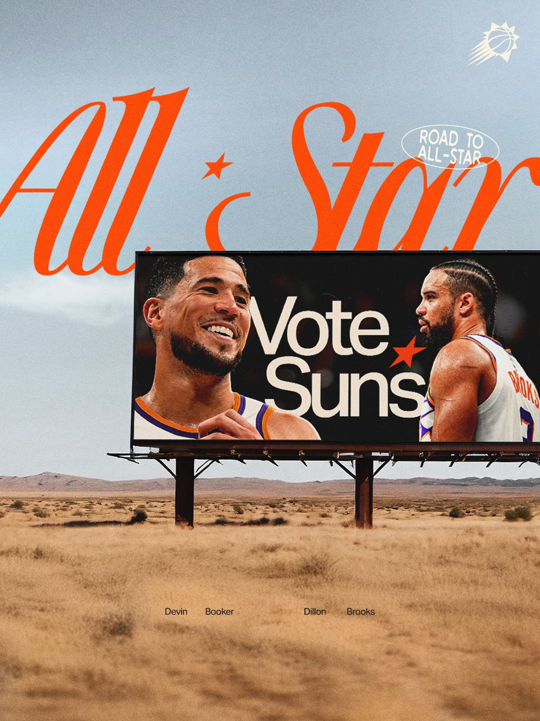 Instagram post: Desert billboard showing two basketball players and a vote message