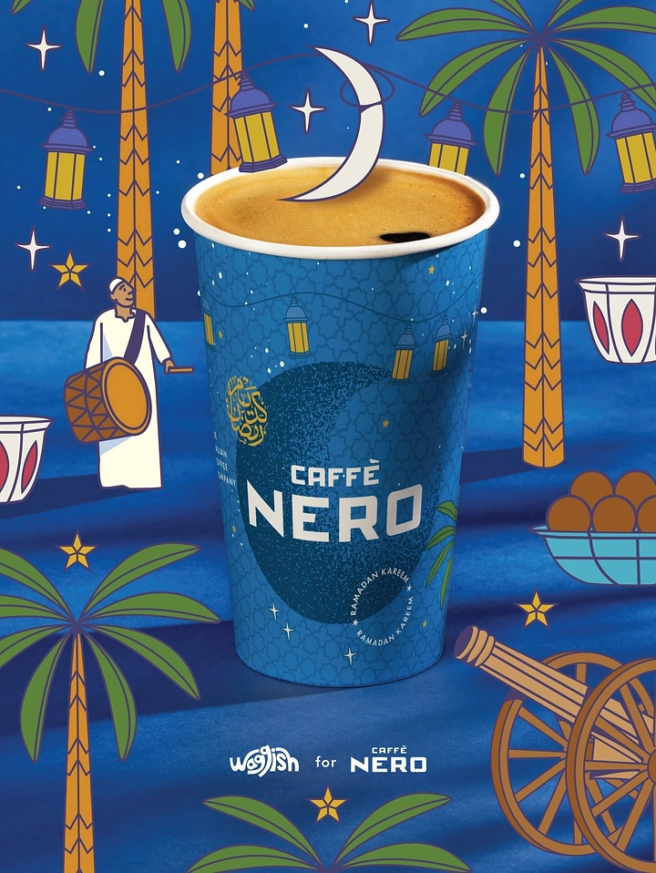 Ramadan creative ad: Branded Ramadan coffee cup with a crescent moon rising from the coffee