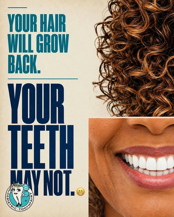 Creative ad: Split crop of curly hair above a close-up of a white-toothed smile