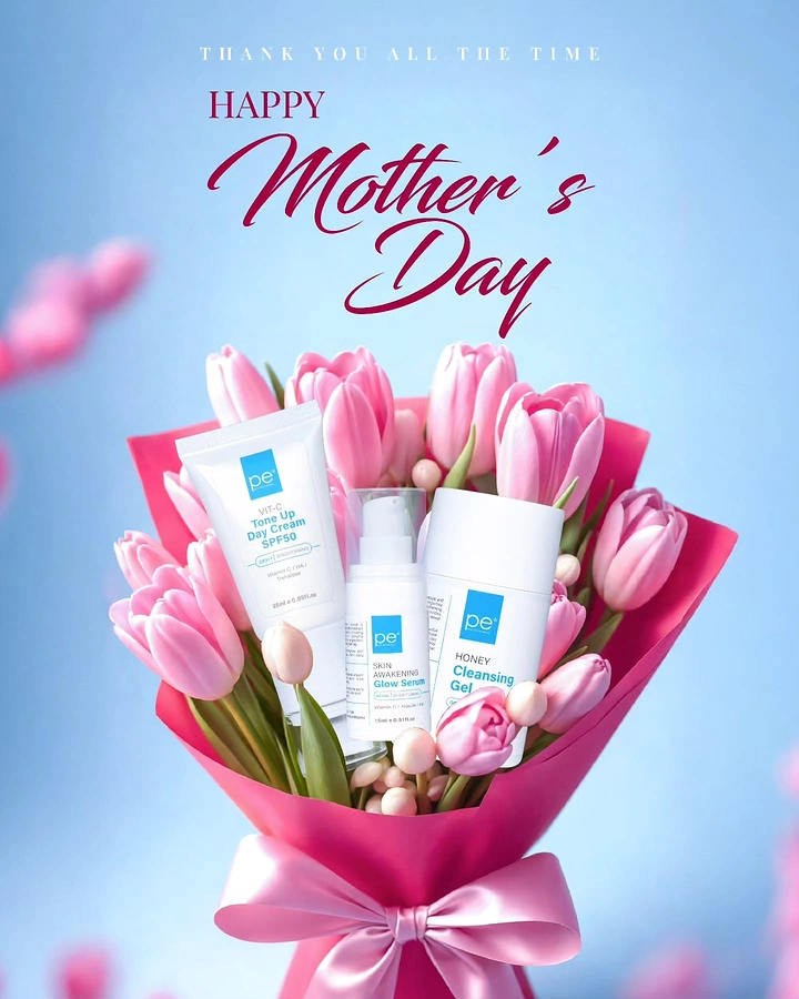 Mother's Day creative ad: Skincare products nestled in pink tulip bouquet