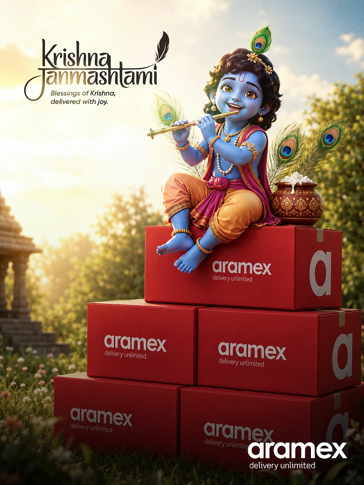 Janmashtami creative ad: 3D baby Krishna playing flute atop stacked branded red boxes