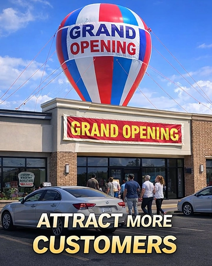 Balloon & Party Decorators creative ad: Hot-air balloon grand-opening metaphor