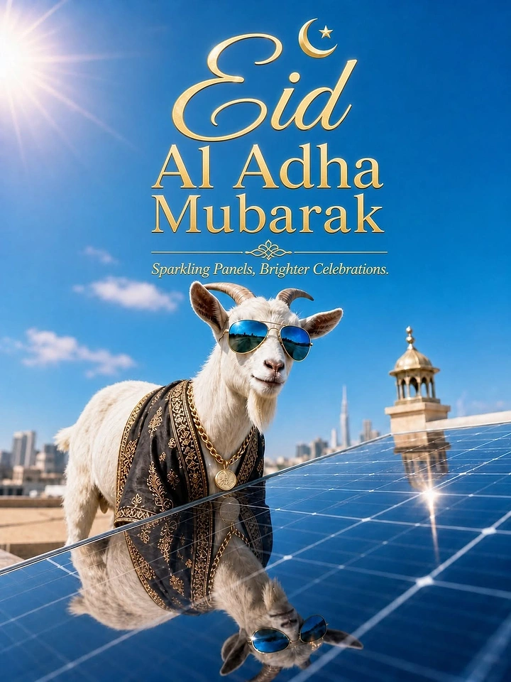 Eid creative ad: Goat in aviators and embroidered vest standing on reflective solar panels