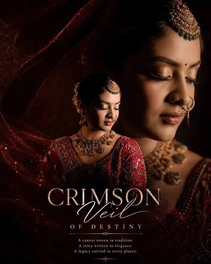 Fashion creative ad: Indian bride in crimson veil and ornate traditional jewelry