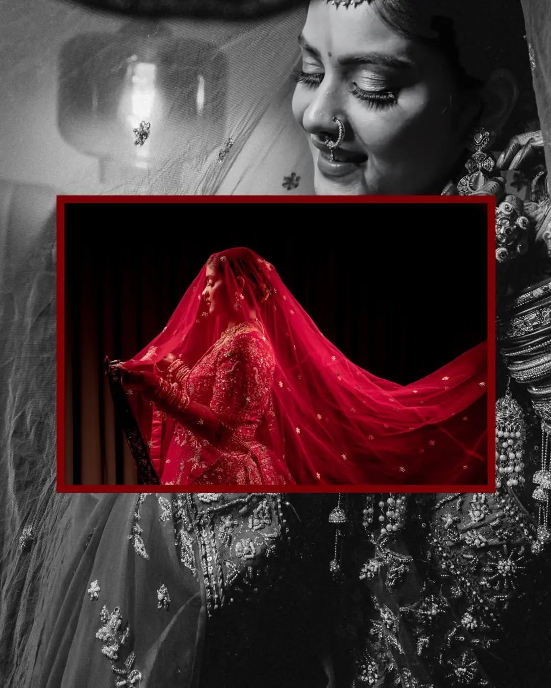 Carousel: Indian bride in crimson veil and ornate traditional jewelry, slide 4