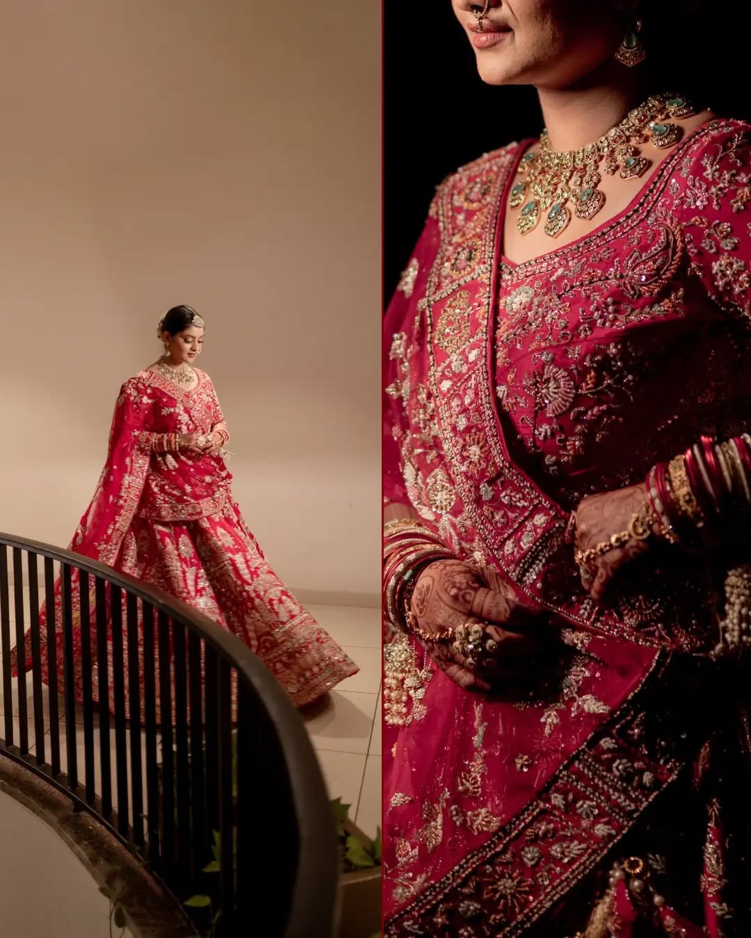 Carousel: Indian bride in crimson veil and ornate traditional jewelry, slide 6