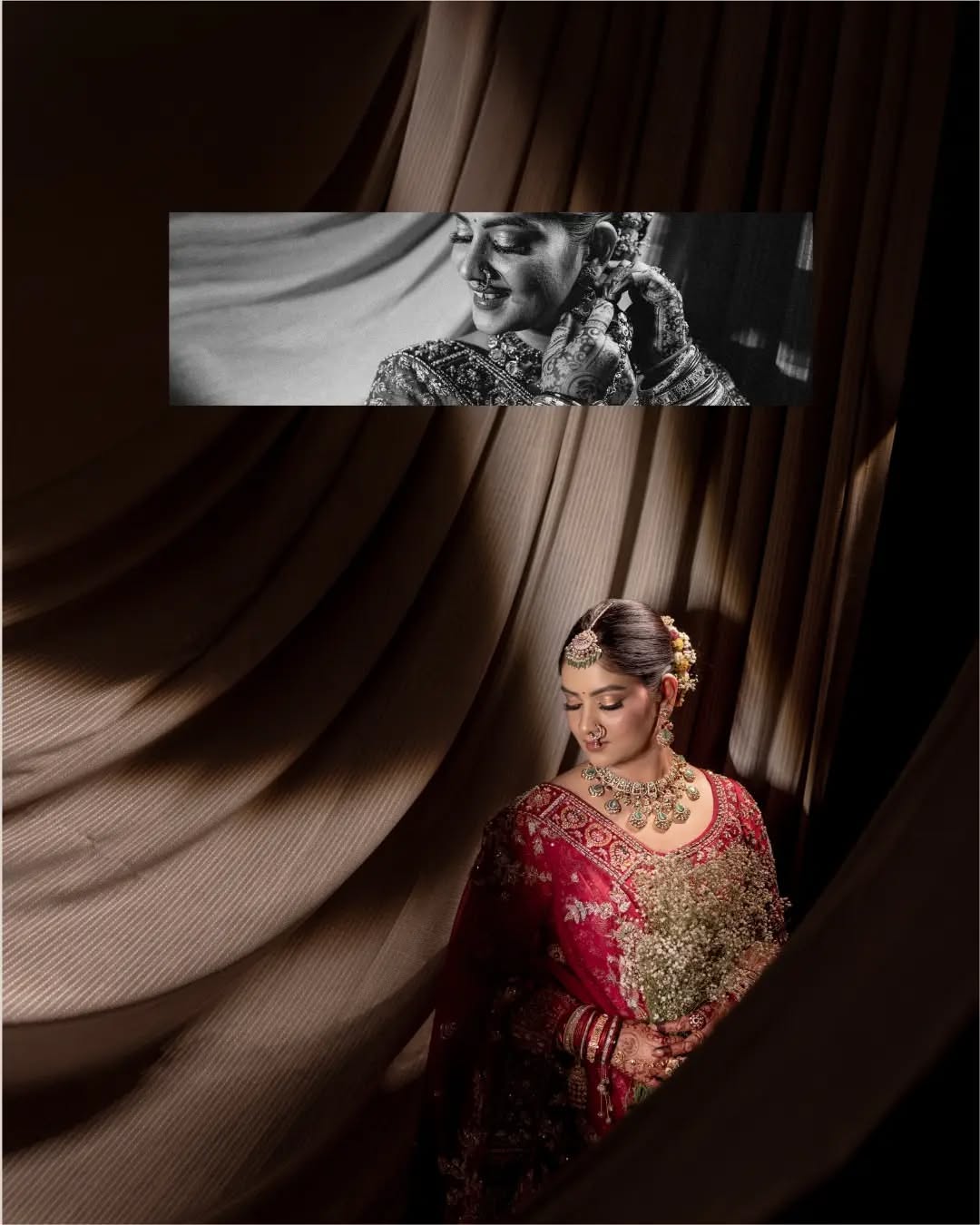 Carousel: Indian bride in crimson veil and ornate traditional jewelry, slide 7