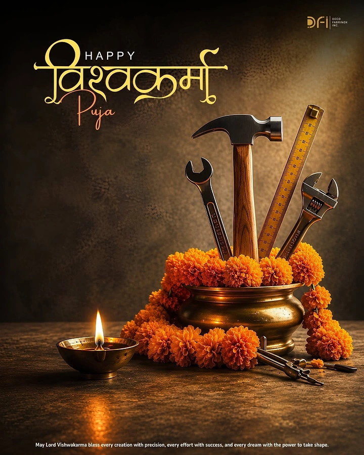 Dhanteras creative ad: Traditional Vishwakarma Puja arrangement with workshop tools, marigolds, brass vessel, and diya