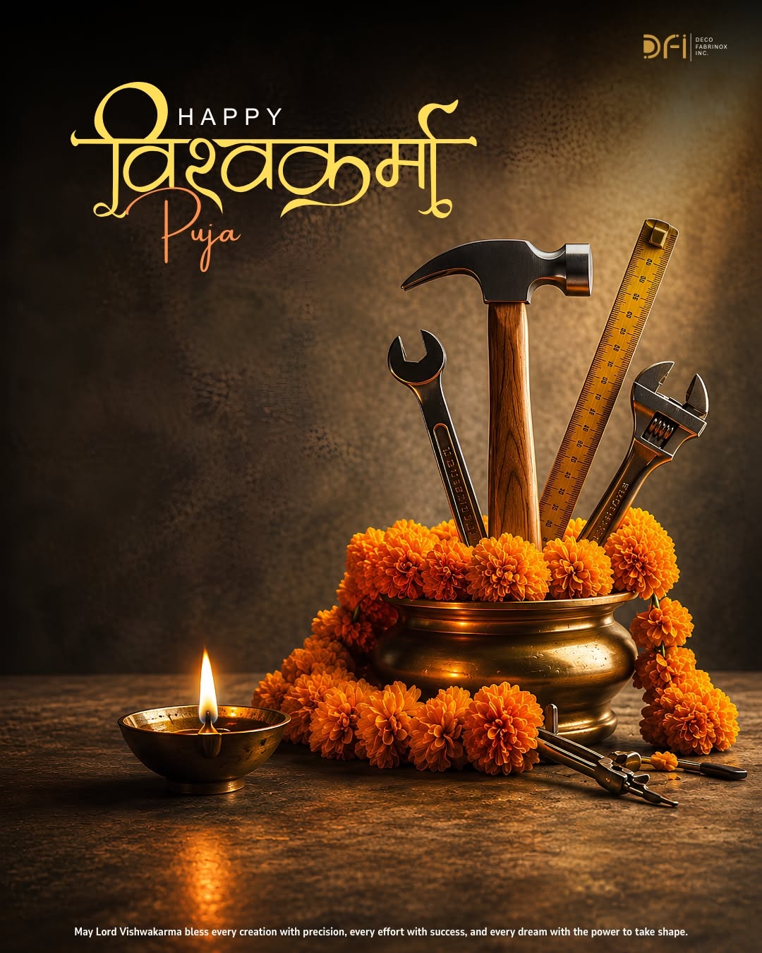 Dhanteras Story: Traditional Vishwakarma Puja arrangement with workshop tools, marigolds, brass vessel, and diya