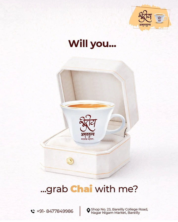 Valentine's Day creative ad: Branded chai cup placed inside an open ring box, like a proposal