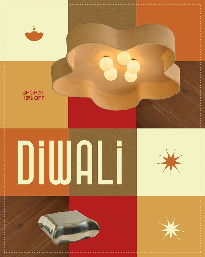 Diwali creative ad: Organic flower-shaped ceiling lamp and chrome object