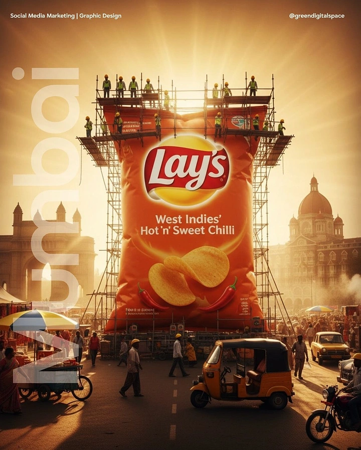 Snacks & Namkeen Brands creative ad: Giant Lays pack on Mumbai scaffolding