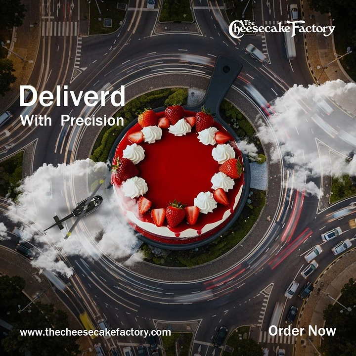 Cloud Kitchens & Food Trucks creative ad: Cheesecake as roundabout, delivery precision