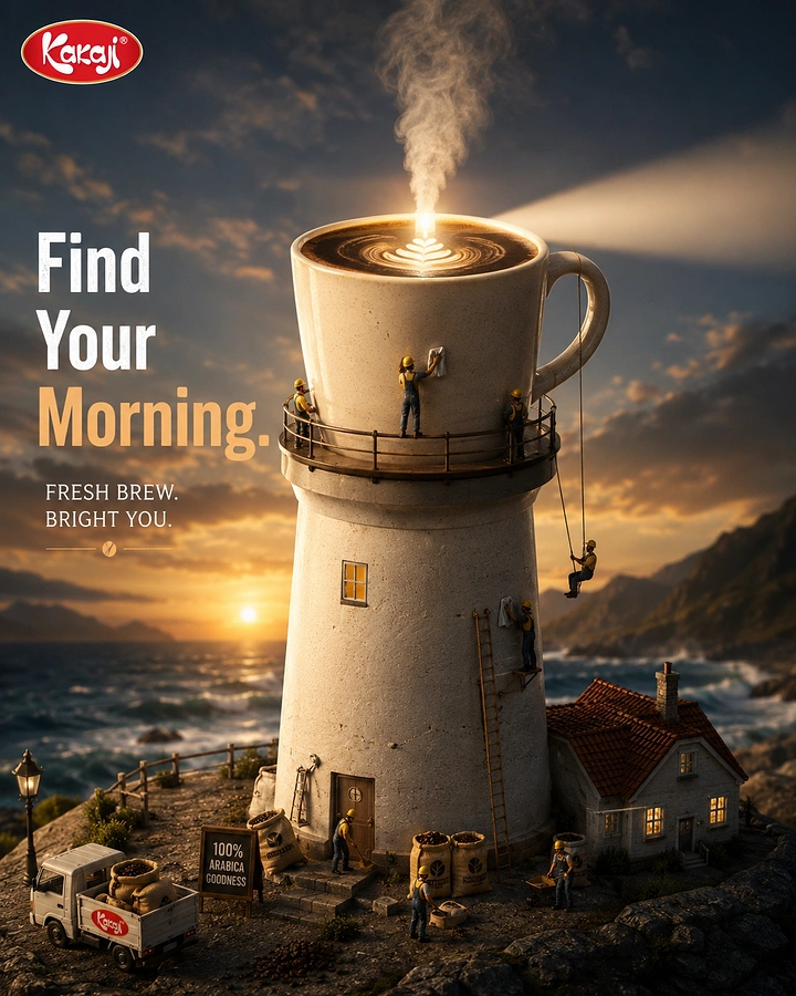 Creative ad: Giant coffee mug as the top of a lighthouse, tended by miniature workers