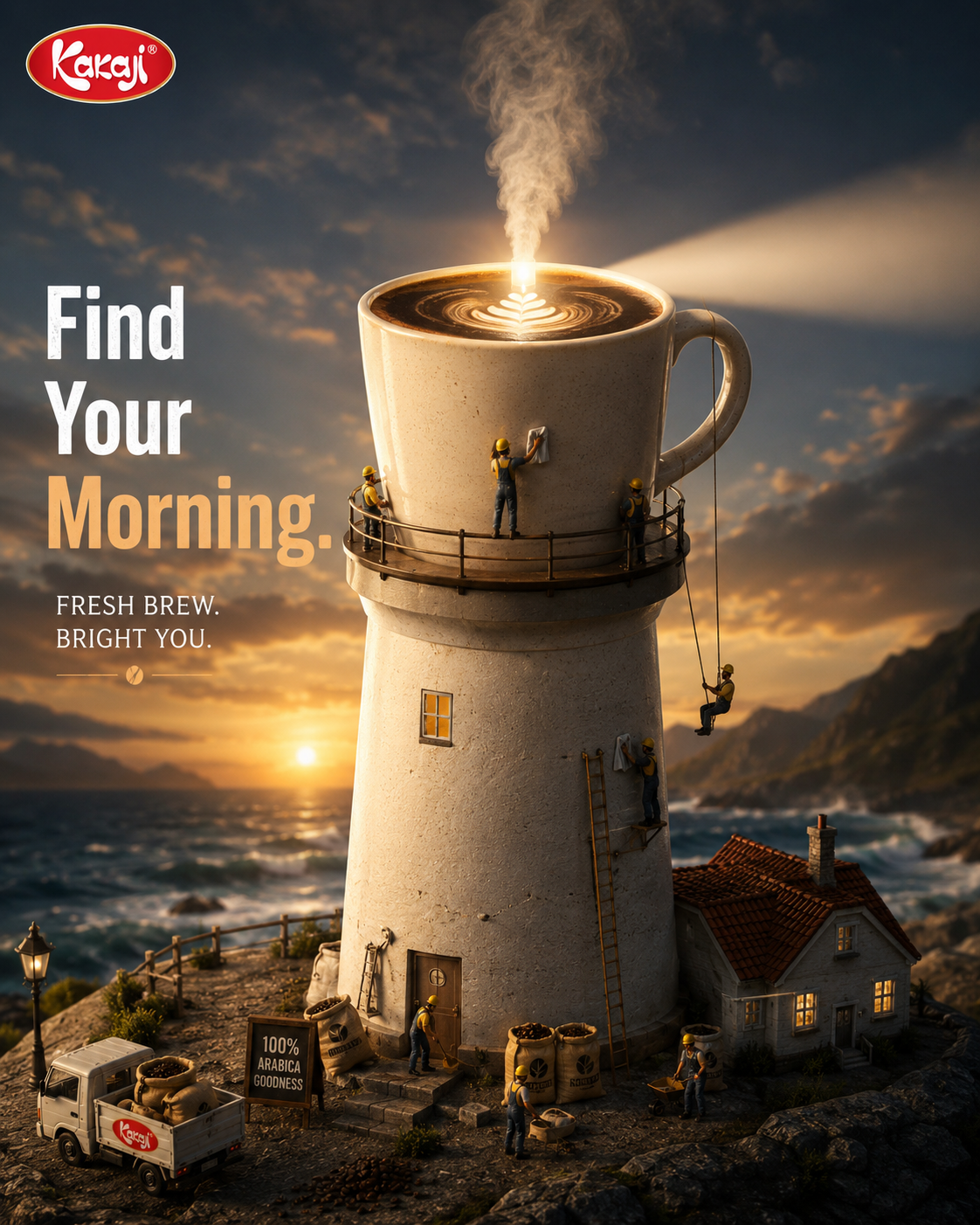 Instagram post: Giant coffee mug as the top of a lighthouse, tended by miniature workers