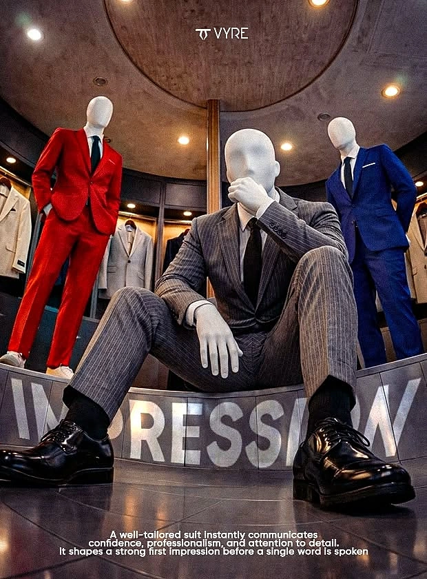 Men's Suits & Formal Wear creative ad: Theatrical mannequin presentation creates distinction