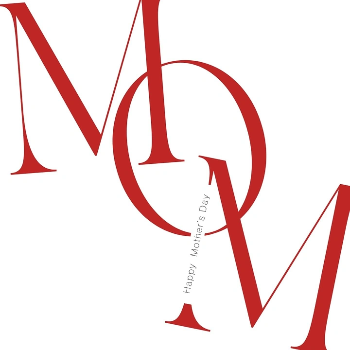 Mother's Day creative ad: Giant red serif letters spelling MOM on a diagonal