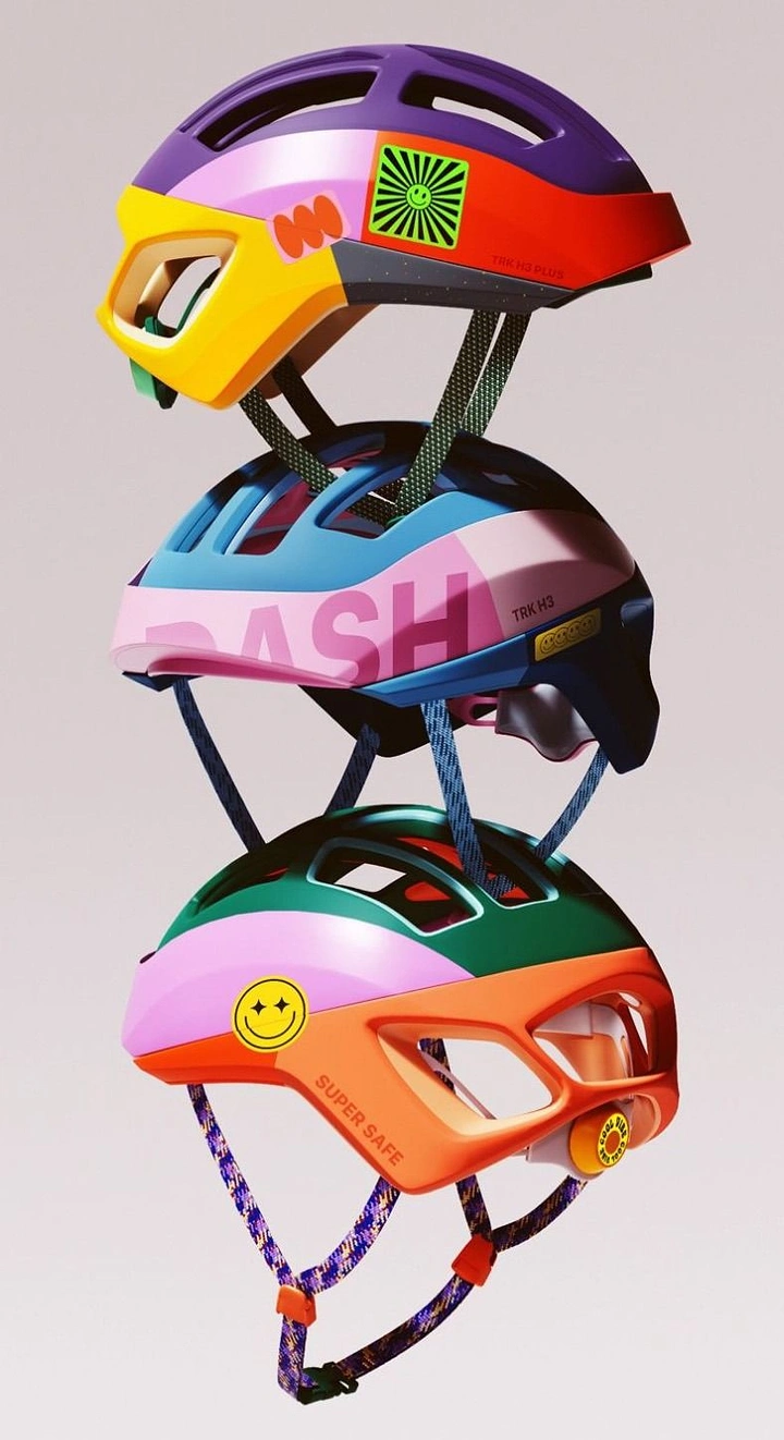 Helmets & Riding Gear creative ad: Playful stacked-helmet visual arrangement