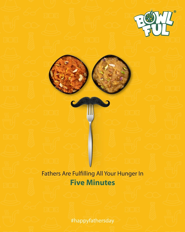 Father's Day creative ad: Two halwa bowls and fork forming a moustached face