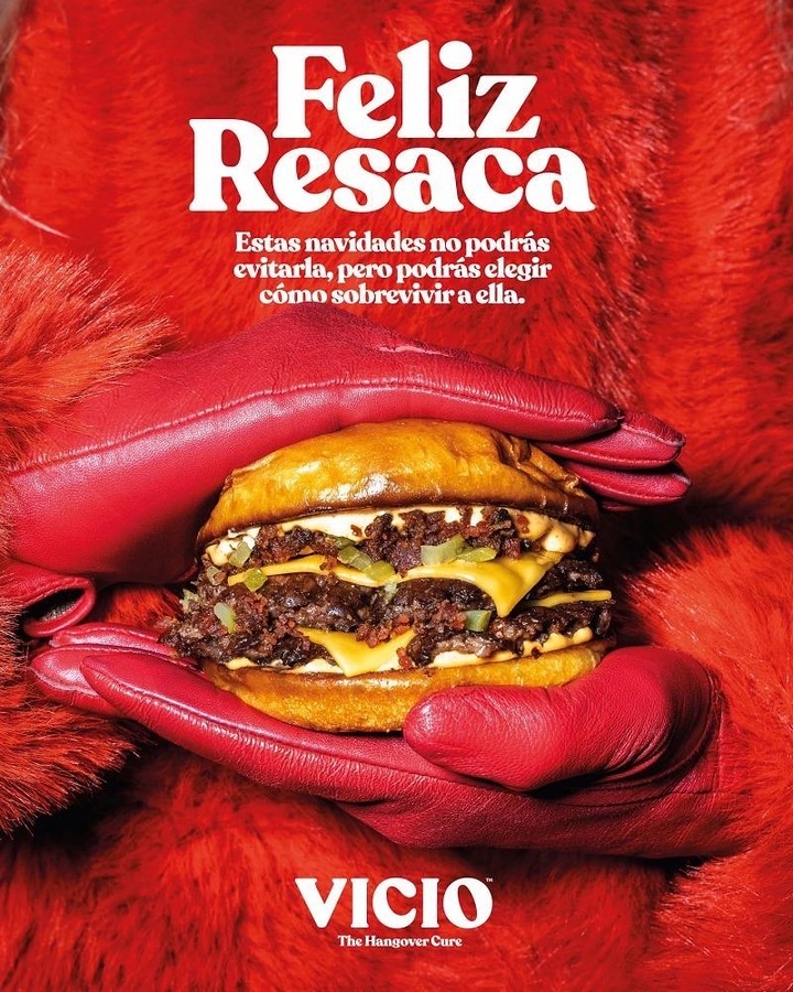 BBQ & Grill Restaurants creative ad: Burger positioned as festive hangover cure