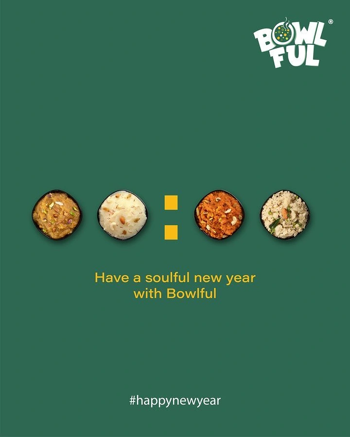 New Year creative ad: Four top-down bowls of Indian dishes forming a 00:00 midnight clock