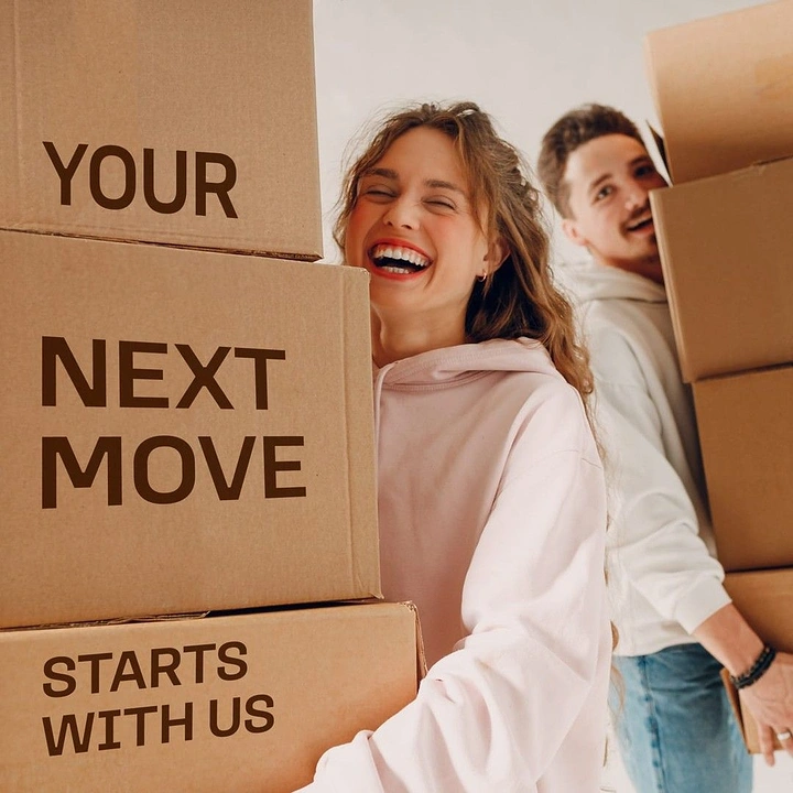 Movers & Packers creative ad: Headline printed across stacked cardboard boxes