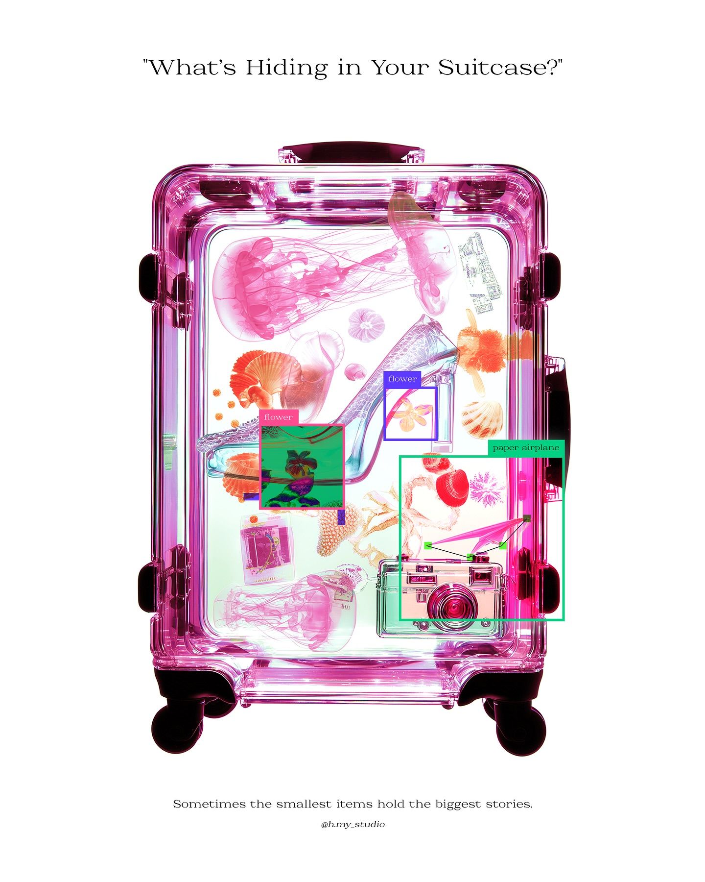 Instagram post: Transparent suitcase reveals travel story