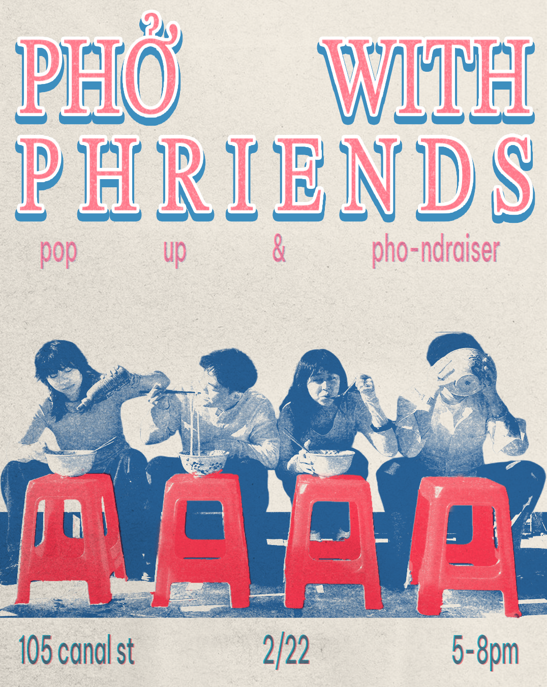 Four friends eating pho from bowls on red plastic stools