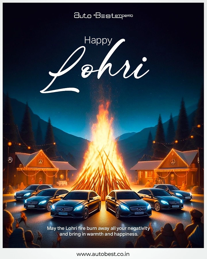 Lohri creative ad: Luxury sedans parked around a towering Lohri bonfire