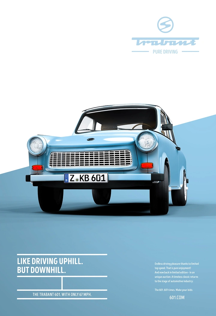 Creative ad: Pale blue vintage Trabant 601 rendered front three-quarter