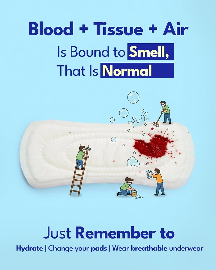 Period Care & Feminine Hygiene creative ad: Tiny workers clean pad odor causes
