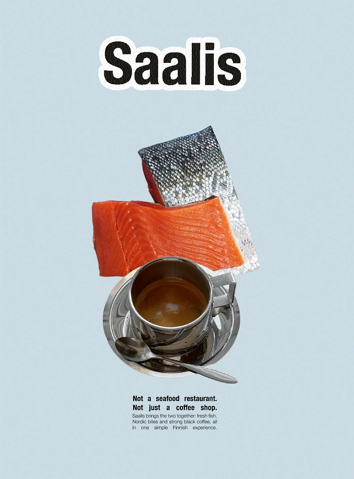 Seafood Restaurants creative ad: Striking minimalist salmon and coffee juxtaposition