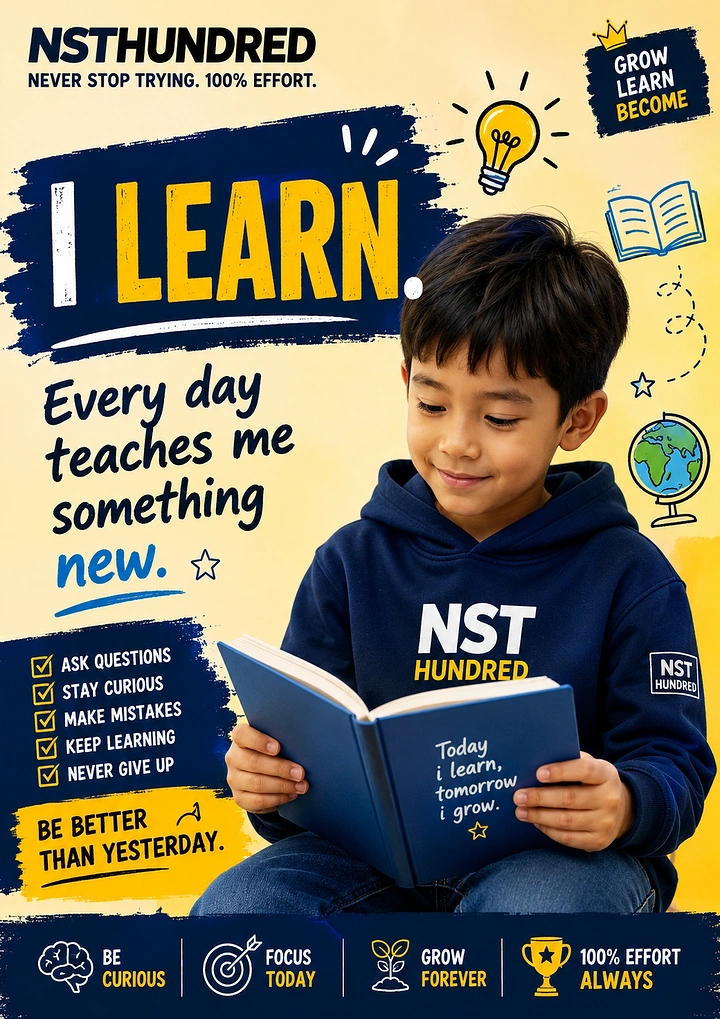 Print-on-Demand & Merch creative ad: Young boy in branded navy hoodie reading a book