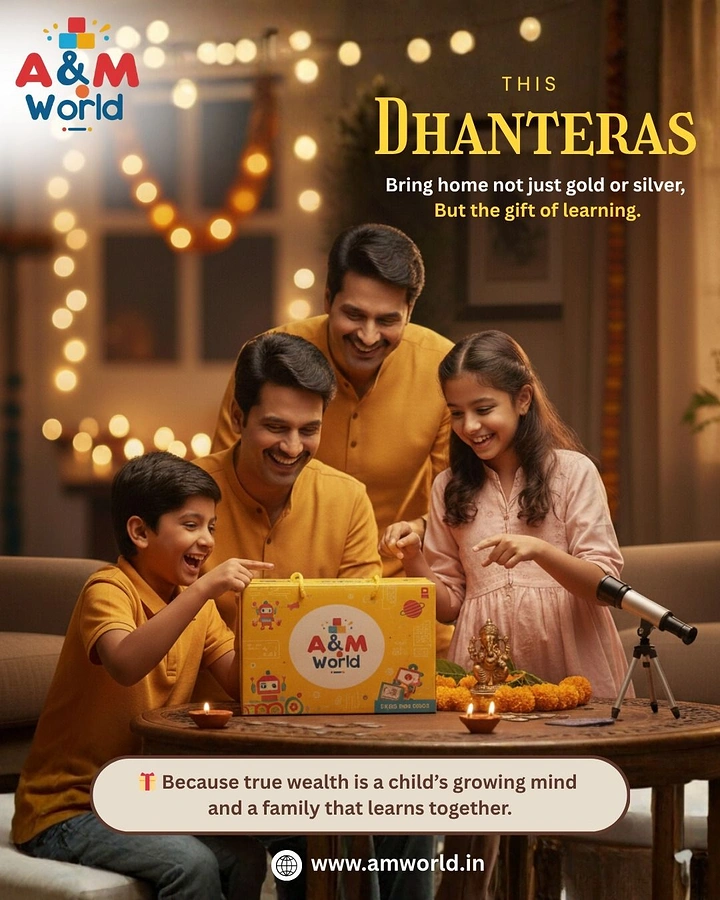 Dhanteras creative ad: A smiling family discovering an educational gift together during Diwali festivities