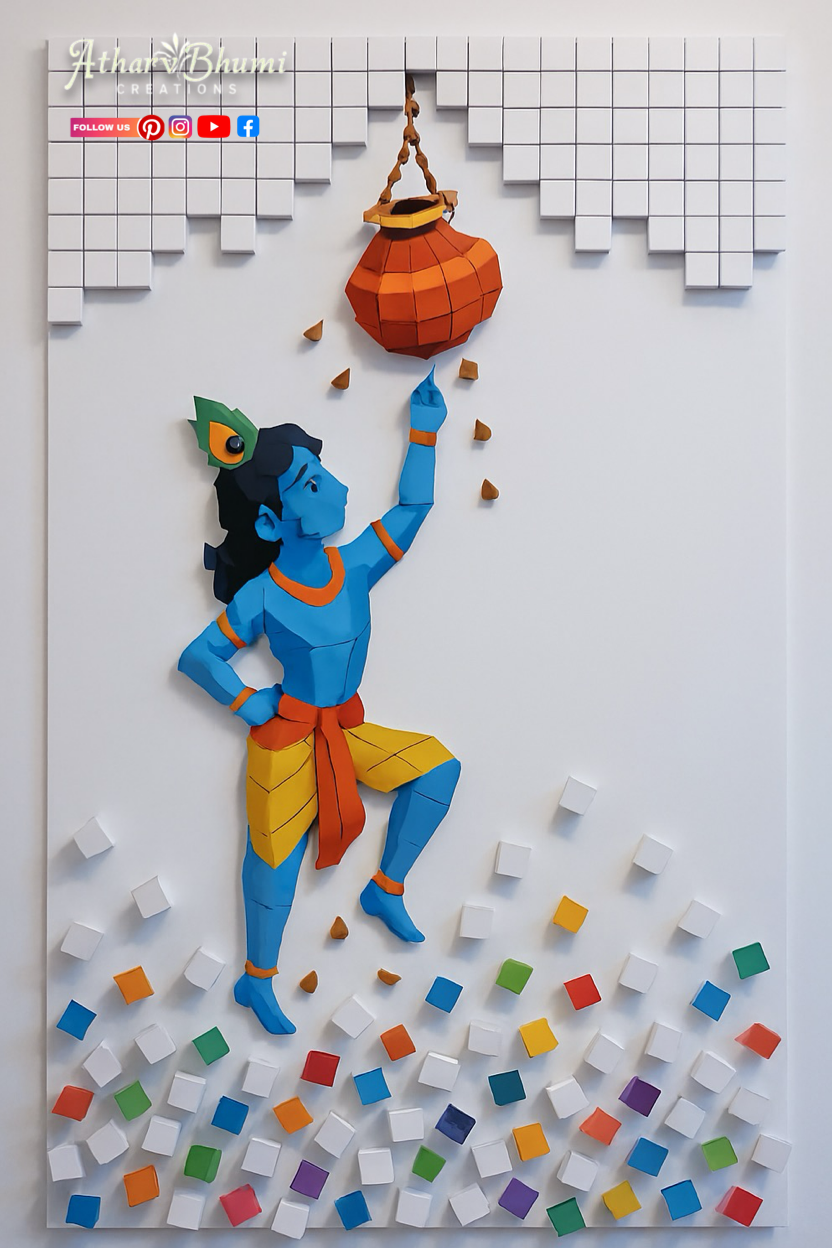 Low-poly papercraft Krishna reaching for a hanging butter pot
