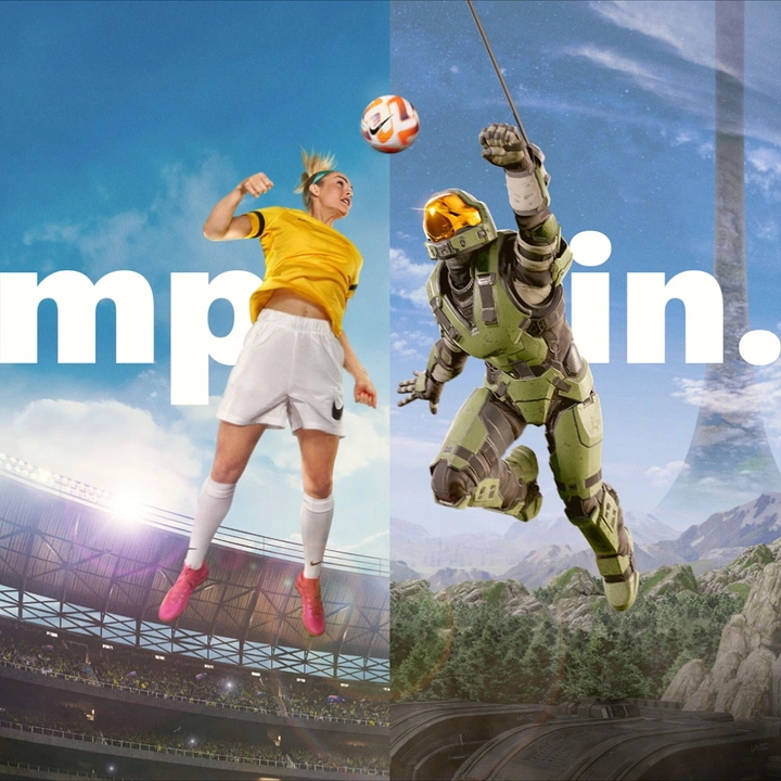 Gaming & Esports creative ad: Footballer and Halo Spartan mirrored leap
