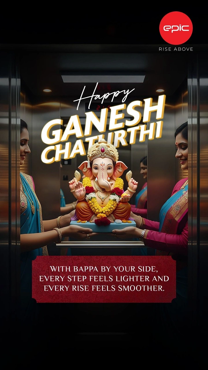Ganesh Chaturthi creative ad: Two women in sarees holding a Ganesha idol inside an elevator