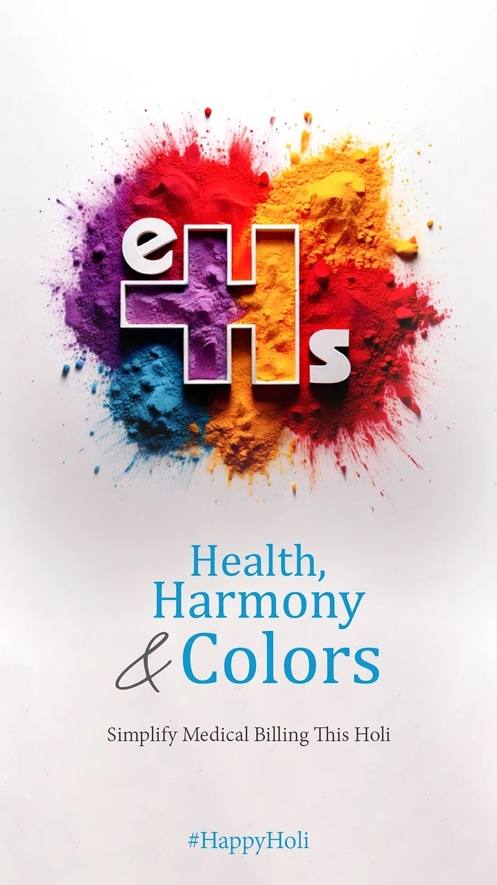 Holi creative ad: 3D logo with a medical cross set in a burst of coloured Holi powder