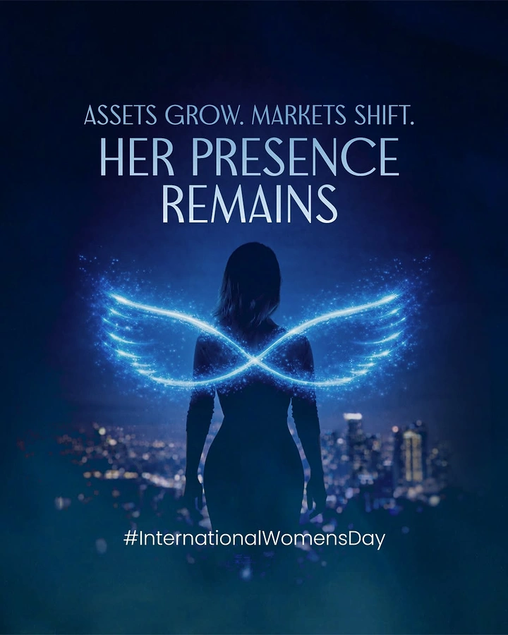 Women's Day creative ad: Back-view silhouette of a woman with glowing infinity-shaped light wings over a night city
