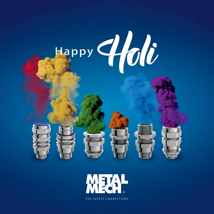 Holi creative ad: Row of chrome cable glands puffing clouds of coloured Holi powder