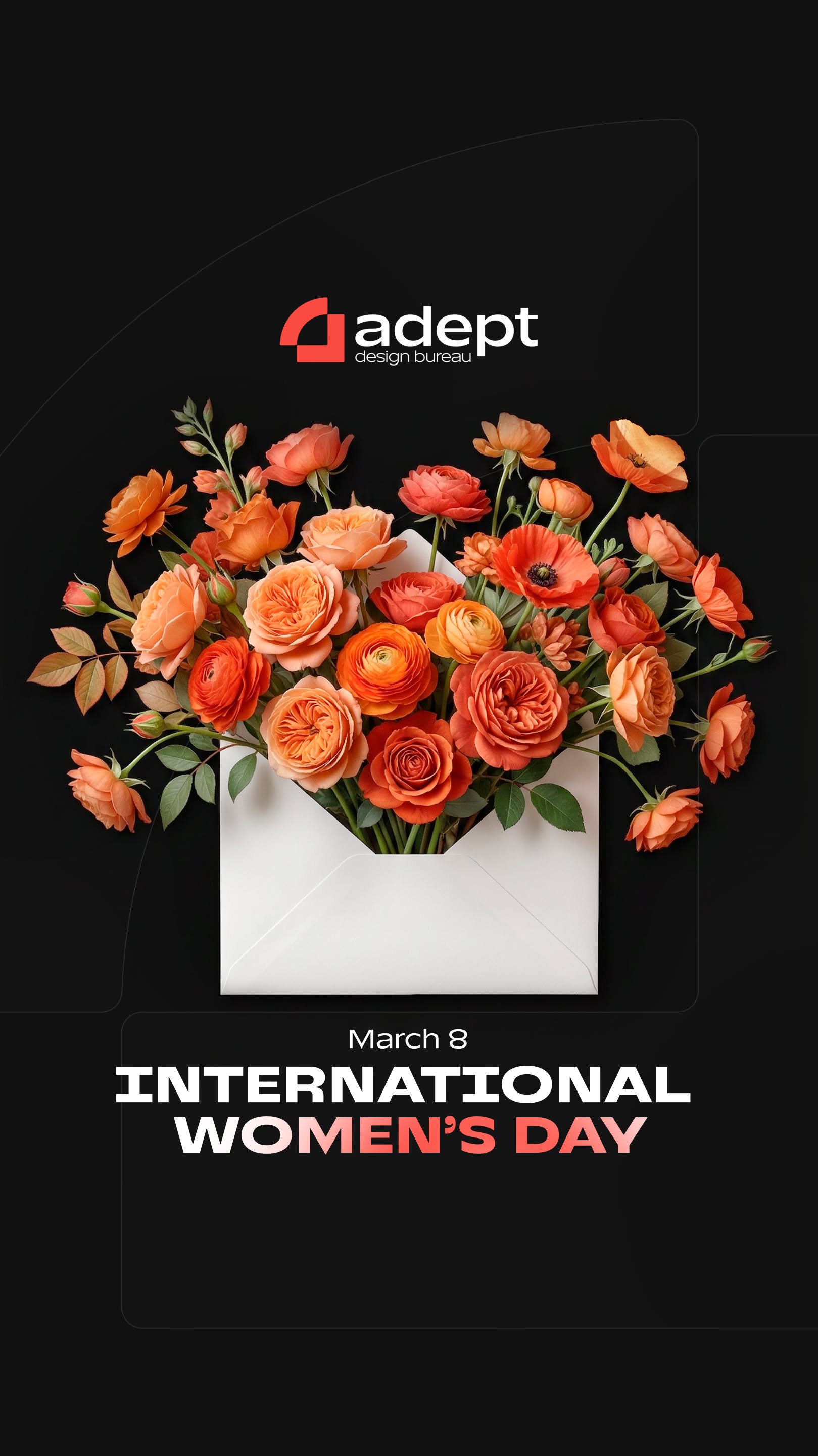 Women's Day Story: Bouquet of orange roses bursting from a white envelope