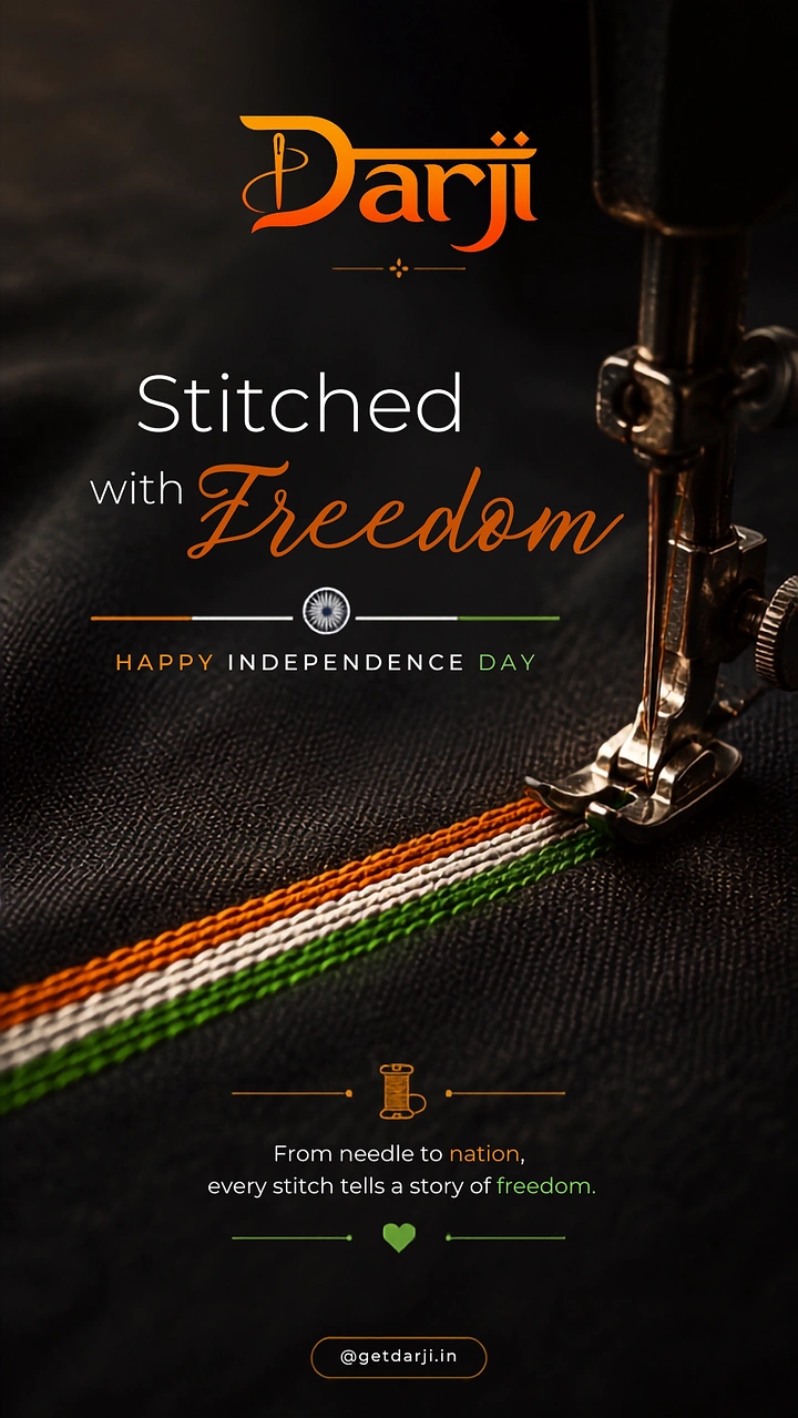 Independence Day creative ad: Sewing machine stitching a tricolour thread line on dark fabric