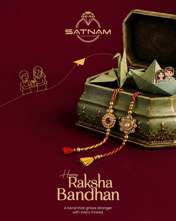 Raksha Bandhan creative ad: Two jewelled rakhis draped over an antique box holding origami